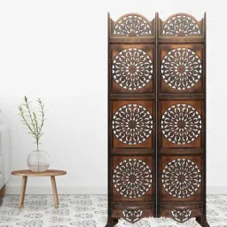 shilpi Brown Floral Handcarved Wooden Room Divider Two Panels With Stand-picture-7