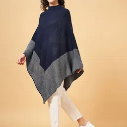 Honey by Pantaloons Women Navy Blue & Grey Longline Poncho-image-91