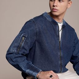 The Roadster Life Co. Stand Collar Pure Cotton Denim Bomber Jacket-image-19