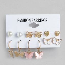 Jewels Galaxy Set of 6 Gold-Toned & White Classic Studs & Hoop Earrings-28