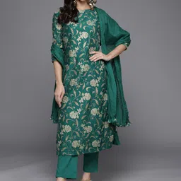 Biba Women Green & Golden Ethnic Motifs Printed Kurta with Trousers & With Dupatta-picture-3