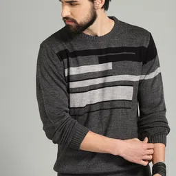 The Roadster Lifestyle Co Men Charcoal Grey & Black Striped Sweater-image-64