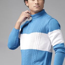 The Roadster Lifestyle Co. Men Blue & White Acrylic Self-Striped Pullover-picture-23