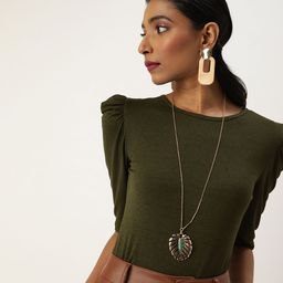 Veni Vidi Vici Olive Green Puff Sleeves Regular Top-image-5
