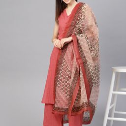 anayna Women Pink Self-Striped Kurta with Trousers & Dupatta-31