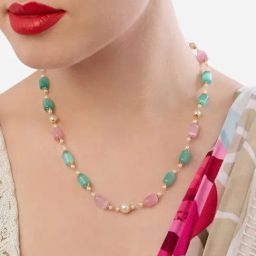 Zaveri Pearls Pink Green Dazzling Beads & Pearls Embellished Fusion Wear Necklace-1