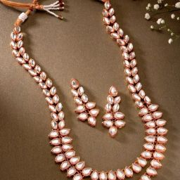 Peora Rose Gold White Ethnic Kundan Studded 2 Layer Necklace & Earring Set-14
