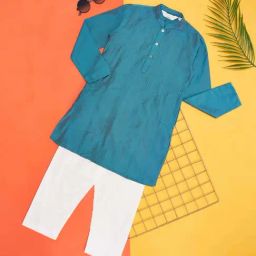 Indus Route by Pantaloons Kids Teal Blue & White Cotton Embroidered Full Sleeves Kurta Set-image-11