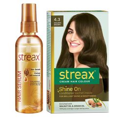 Streax Vitalized Hair Serum 100 ml & Shine On Cream Hair Colour 120 ml - Golden Brown 4.3-49