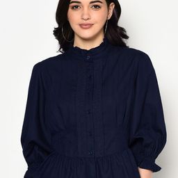 Blanc9 Blue Mandarin Collar Puff Sleeves Pure Cotton Peplum Top-picture-53