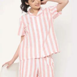 Clovia Pink Cotton Relaxed Fit Striped Short Sets-image-10