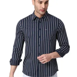 Basics Navy Slim Fit Striped Shirt-image-69