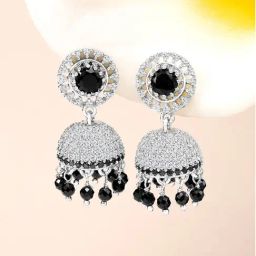 Peora Silver Plated Cubic Zirconia Black Crystal & Beads Studded Jhumki Earrings-image-88