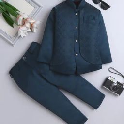 Fourfolds Boys Navy Blue Regular Fit Jacquard Indowestern Sets-image-74