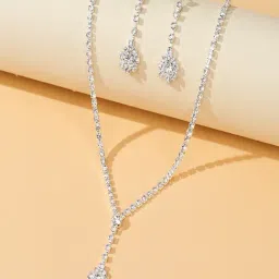 Peora Silver Crystal Studded Necklace & Earring Set-image-81