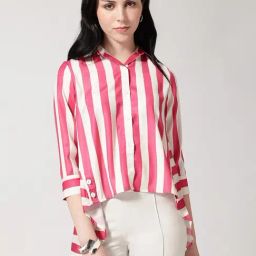 Strong & Brave Magenta Pink Polyester Striped Casual Shirt-image-43