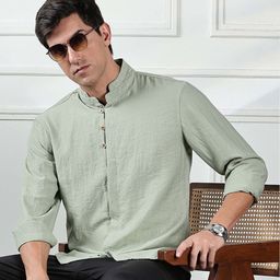 HERE&NOW Men Mandarin Collar Solid Cotton Regular Fit Casual Shirt-image-47