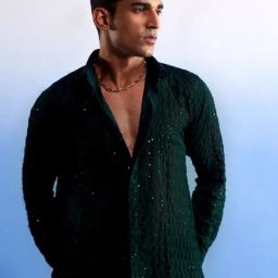 Vastramay Green Regular Fit Embroidered Shirt-image-55