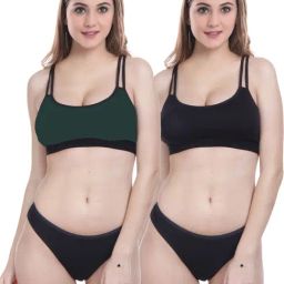 AROUSY Green & Black Cotton Bra Panty Set - Pack Of 2-image-30