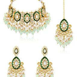 Peora Mint Ethnic Kundan & Beads Studded Necklace, Earring & MaangTikka Set-image-27