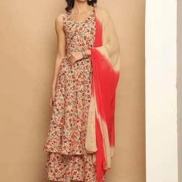 Jompers Beige Cotton Printed Kurta Palazzo Set With Dupatta-image-35