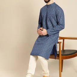 Anouk Men Blue & Gold-Toned Ethnic Motifs Foil Printed Kurta-image-99
