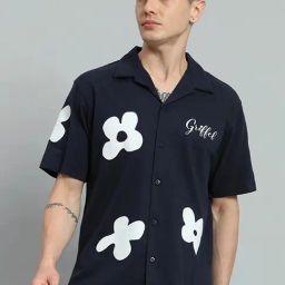Griffel Navy Blue Cotton Loose Fit Printed Shirt-image-81