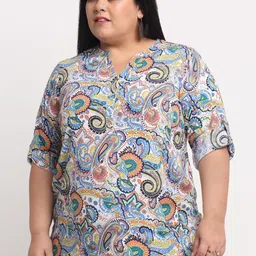 plusS Plus Size Off White & Blue Printed Mandarin Collar Roll-Up Sleeves Top-picture-37