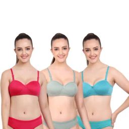 AROUSY Pink & Green Cotton Bra Panty Set - Pack Of 3-image-98