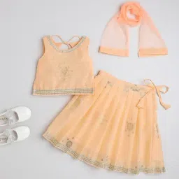 Many Frocks Kids Peach Embroidered Ghagra, Choli with Dupatta-image-77