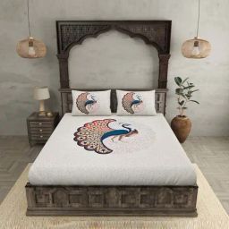 JaipurFabric Off White 240 TC 100% Cotton Twill Dancing Peacock Bedsheet with 2 Pillow Covers-image-95