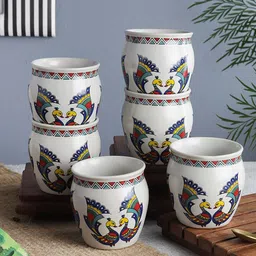 The Decor Mart White & Blue Printed 6 Ceramic Glossy Kulladhs Set-image-37