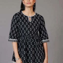 Libas Black Cotton Printed A Line Short Kurti-picture-22