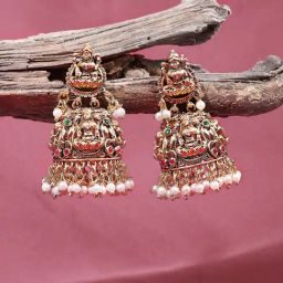 Abdesigns Gold-Plated Antique South Indian Kempstone Studded Jhumki Earrings-20