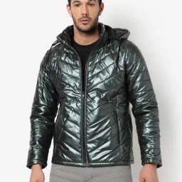 Campus Sutra Dark Green Regular Fit Quilted Hooded Jacket-image-82