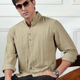 HERE&NOW Men Slim Fit Mandarin Collar Textured Cotton Casual Shirt-image-80