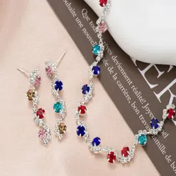 Peora Multi Crystal & Cubic Zirconia Studded Necklace & Earring Set-image-81