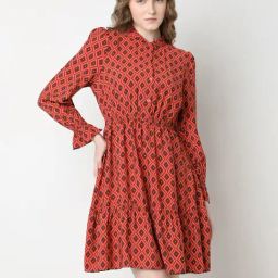 Vero Moda Rust Printed Fit & Flare Dress-image-4