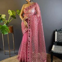 Saree Mall Pink Embellished Sarees With Unstitched Blouse-picture-8