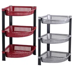 Kuber Industries Brown & Grey 2 Pcs 3 Tier Folding Plastic Fruit & Vegetable Basket Stand-48