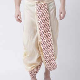 DEYANN Men Cream-Coloured & Maroon Printed Dupion Silk Dhoti-image-88