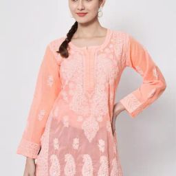 PARAMOUNT CHIKAN Creamy Peach Cotton Hand Embroidered Chikankari Straight Kurti-image-100