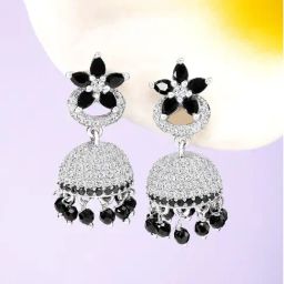 Peora Cubic Zirconia & Black Beads Studded Silver Plated Jhumki Earrings-image-38