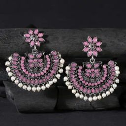 OOMPH Jewellery Oxidized German Silver Baby Pink Stone & Pearls Ethnic Chand Bali-image-7