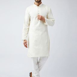 SOJANYA Men Cream-Coloured Woven Design Straight Kurta-image-2