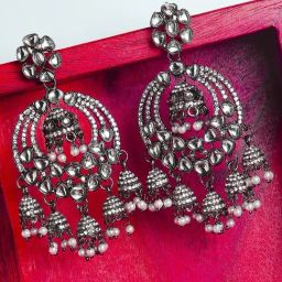 OOMPH Jewellery Oxidized Silver Tone Kundan & Pearls Jhumki-image-78