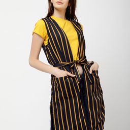 Tokyo Talkies Navy Blue & Yellow Striped Open Front Shrug-29