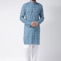 Hangup Men Blue & Off White Geometric Printed Kurta-image-37