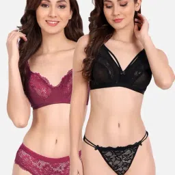 FIMS: Fashion is my Style Black & Maroon Lace Work Lingerie Set - Pack Of 2-image-38