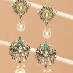 OOMPH Jewellery Green Enamel Kundan & Pearl Peacock Shape Ethnic Drop - Set of 2-image-36